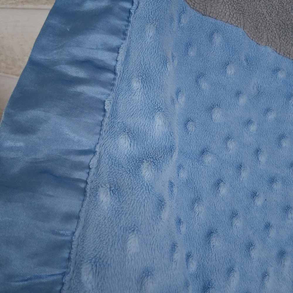 Vtg Y2K Blue Grey Patchwork Lion Baby Security Blanket Dot Satin Trim Lovey